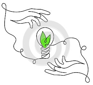 Hands holds slight bulb with leafs,one line art,hand drawn continuous contour.Green energy idea concept.Sign of environmental