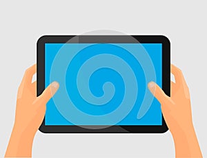 Hands holing tablet computer with blank screen