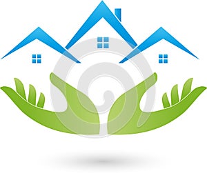 Hands and houses, roofs, real estate logo photo