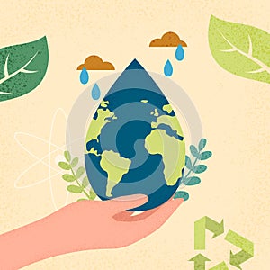 Hands human holding earth planet with water drop shape