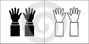 Hands icon. Two hands facing down sign. Raised hands symbol. Vector stock illustration logo design. Symbol of participate, photo
