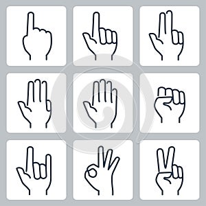 Hands icons: finger counting, stop gesture, fist, devil horns gesture, okay gesture, v sign