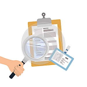 Hands with identification card and magnifying glass