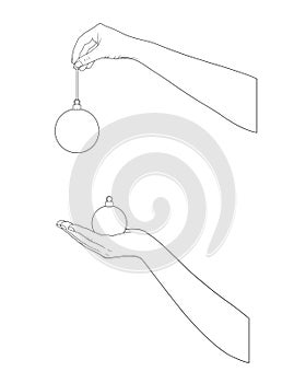 Hands illustration holding Christmas ball ornaments