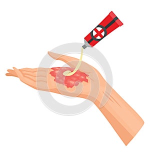 Hands injured skin and procedures of wound cleaning. First aid for wound. Medicine cure or treatment. First emergency