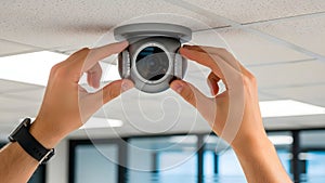 Hands Installing Modern Security Camera on Ceiling