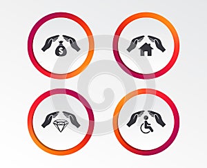 Hands insurance icons. Money savings sign.