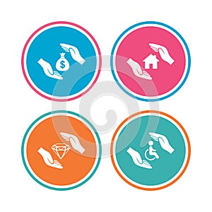 Hands insurance icons. Money savings sign.