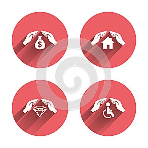 Hands insurance icons. Money savings sign