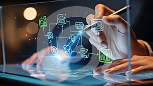 Hands interact with digital interface displaying business process and data flow chart