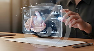 Hands Interact with Futuristic Holographic Data Interface