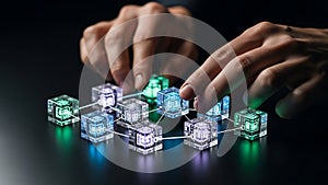 Hands interact with glowing blockchain cubes representing digital network technology