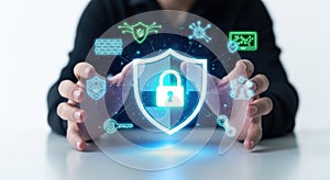 Digital security shield with lock icon glowing brightly interactive technology concept