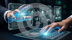 Futuristic digital interface with hands interacting with glowing data and security icons