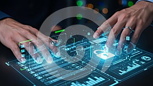 Hands interacting with a holographic security interface displaying a lock icon and data analytics