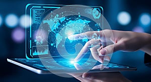 User controlling virtual holographic data window on digital futuristic interface