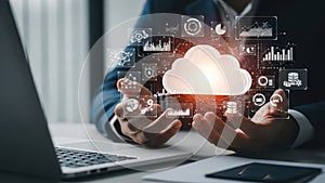 Hands interacting with cloud computing interface