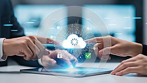 Hands interacting with a cloud computing interface on a tablet with security icons technology