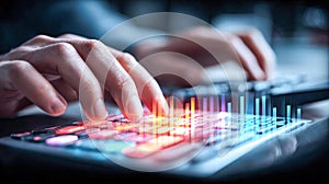 Hands interacting with a computer keyboard, highlighting data and technology.