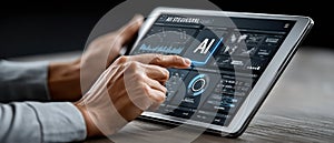 Hands interacting with digital ai interface on tablet displaying data analytics and graphs in modern technology setting