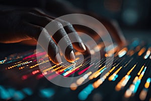 Hands interacting with a digital data interface in a dark, modern setting