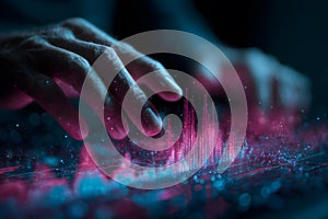 Hands interacting with digital data visualization, creating sense of innovation and technology in futuristic environment