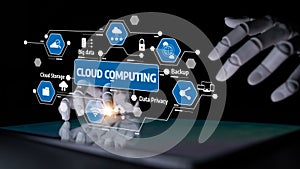 Hands interacting with digital interface featuring cloud computing icons, data privacy symbols, and technology concepts