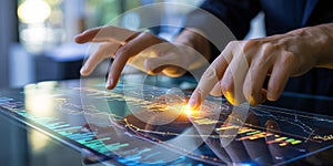 Hands Interacting with Futuristic Data Visualization Display