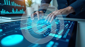 Hands interacting with futuristic digital data display