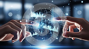 Hands interacting with futuristic digital data visualization