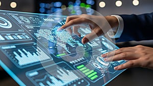 Hands interacting with a futuristic digital interface displaying world map and data analytics