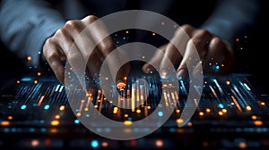 Hands interacting with a futuristic digital interface, visualizing data streams and technology innovation in a dark