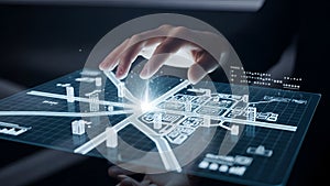 Hands interacting with futuristic digital map interface interactive interface futuristic technology