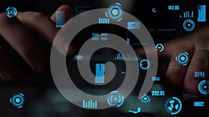 Hands Interacting with Futuristic Digital User Interface Featuring Charts, Graphs, and Data Analytics Displaying