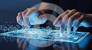 Hands interacting with a futuristic glowing digital interface