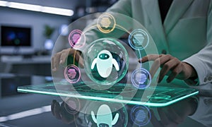 Hands interacting with a futuristic holographic AI interface on a glass tablet in a lab