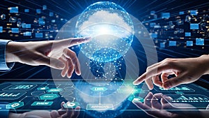 Hands interacting with futuristic holographic cloud computing and data interface technology