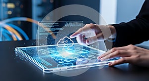 Hands interacting with futuristic holographic cloud computing interface