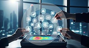 Hands interacting with futuristic holographic interface displaying data visualization and icons