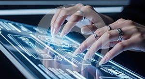 Hands Interacting with Futuristic Touchscreen Interface