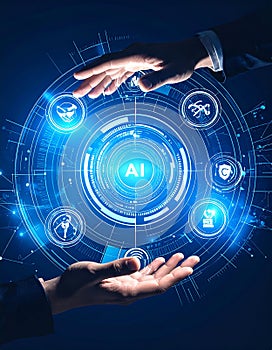 Hands interacting with glowing AI digital interface, symbolizing artificial intelligence and tech integration