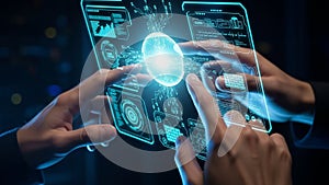 Hands interacting with a glowing futuristic digital interface displaying complex data and circuits