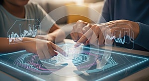 Hands interacting with glowing futuristic interface on modern table technology concepts