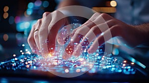 Hands interacting with holographic futuristic interface on a digital tablet, developing innovative technology