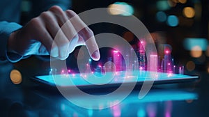 Hands interacting with holographic futuristic navigating through interface on a digital tablet, developing innovative