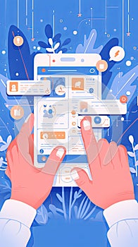 Hands interacting with a mobile interface surrounded by abstract design elements