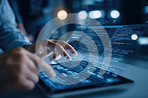 Hands interacting with a transparent digital interface displaying code and data in a futuristic tech environment