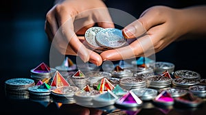 hands of investor or businessman counting cryptocurrency on the table. ethereum. altcoin
