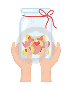 Hands with jar hearts love charity and donation concept