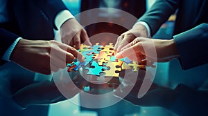 Hands join puzzle pieces in the office. business people putting the jigsaws team Teamwork business team. Generative AI